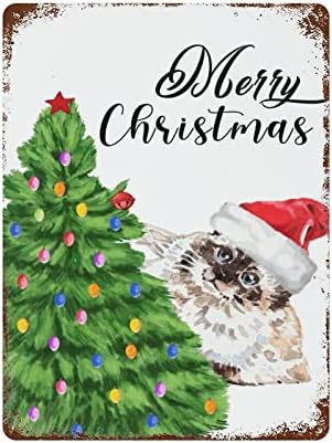 Wodevor Patio Signs and Decor Outdoor Meowy Christmas Cat Metal Sign 12x16 Inch Merry Christmas Cat Plaque Tin Sign for Garage Man Cave Bar Kitchen
