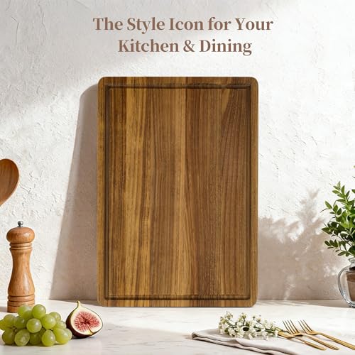 Tabla de cortar de madera de teca 16 pulgadas con mango y ranura miniatura 7