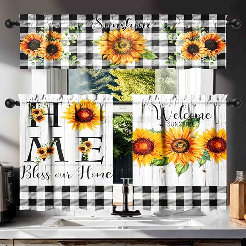 aiwkjdns 3 Piece Sunflower Kitchen Curtains and Valances Set for Windows Sunflower Art Kitchen Window Curtains Over Sink Decor 27.5x36 in
