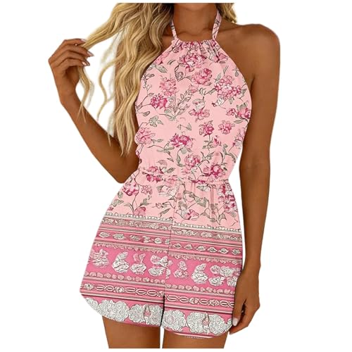 Image of Women's Halter Neck Jumpsuit Summer Backless Tie Bow Playsuit Sleeveless Romper Elastic Waist Short Dungarees Casual Floral Print Overalls for Elegant Ladies UK Beach Vacation Loungeware Wedding Guest