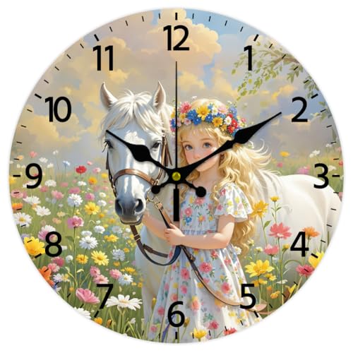 CHGCRAFT Horloge Murale Ronde à Motif de Cheval et de Fille 12(5) cm sans Tic Tac Motif Floral à Piles pour Chambre Salon Cuisine Bureau