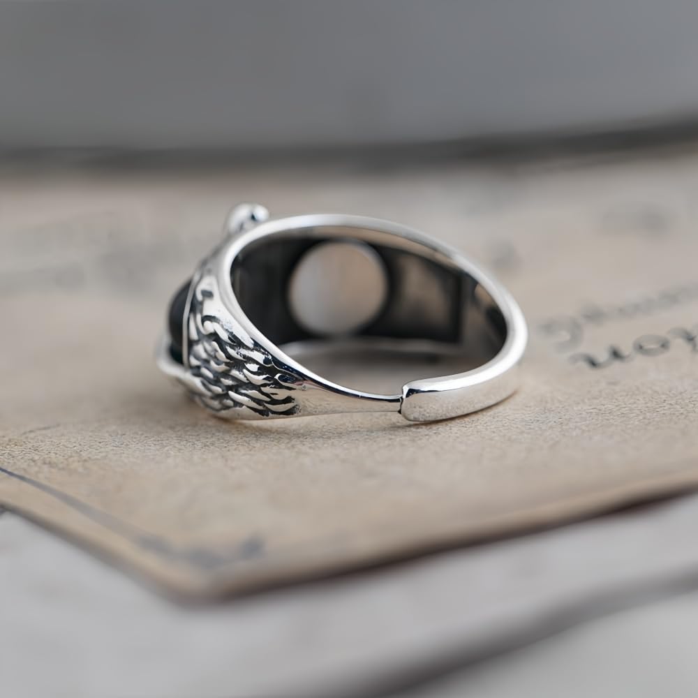 Retro 925 Sterling Silber Eule Nachteule Ring mit Blauen Augen für Herren Damen Offen und Verstellbar