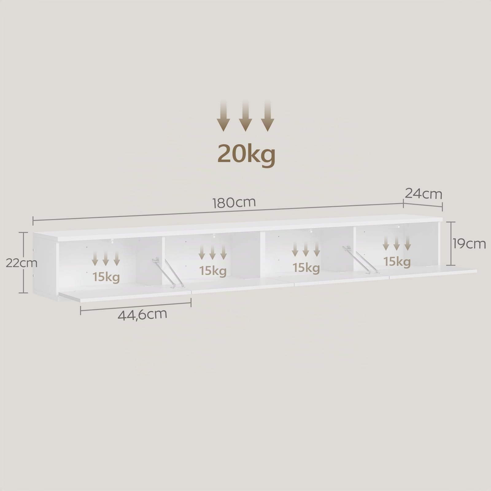 YATINEY Mueble para TV Suspendido con Tira de Luces LED, Soporte para TV Montado en Pared con Cuatro Puertas Abatibles, 180 x 24 x 22 cm, para Salón o Dormitorio, Blanco XDS23DWT