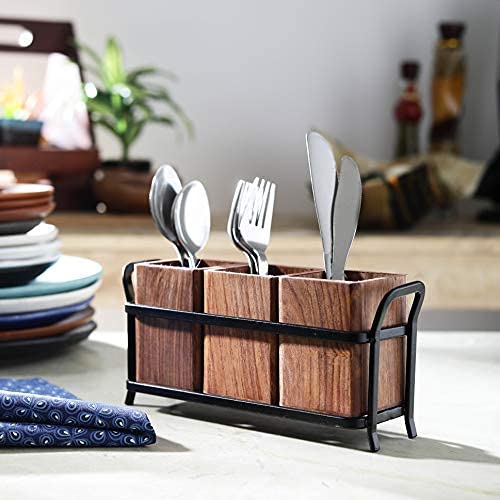 ACE WOOD CRAFTS Premium Wooden Cutlery Holder for Dining Table with 3 Wooden jar and one Wrought Iron Stand (Black and Brown)