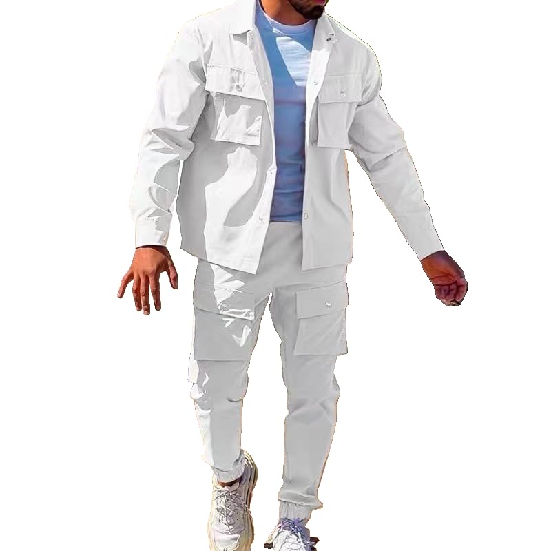 Men's casual street retro sports suit, pants, jogging jacket, multiple pockets, solid color two-piece set