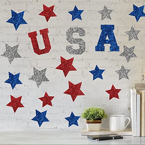 42Pcs Stars Paper Cutouts Large Patriotic Cut-Outs Usa Star Glitter Confetti With Glue Points Patriots Wall Decor Red Blue Silver Star Art Craft Kit For Classroom Bulletin Board 4Th Of July Independence Day Labor Day Memorial Day #TOP2