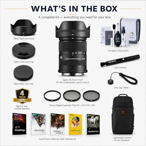 Image of Sigma 18-50mm f /2.8 DC DN Contemporary Lens for Sony E with 4-Year USA Warranty, 55mm UV /CPL /ND Filter Kit, Backpack, Cleaning Kit, Lens Cleaner, Cap Tether & Software Kit