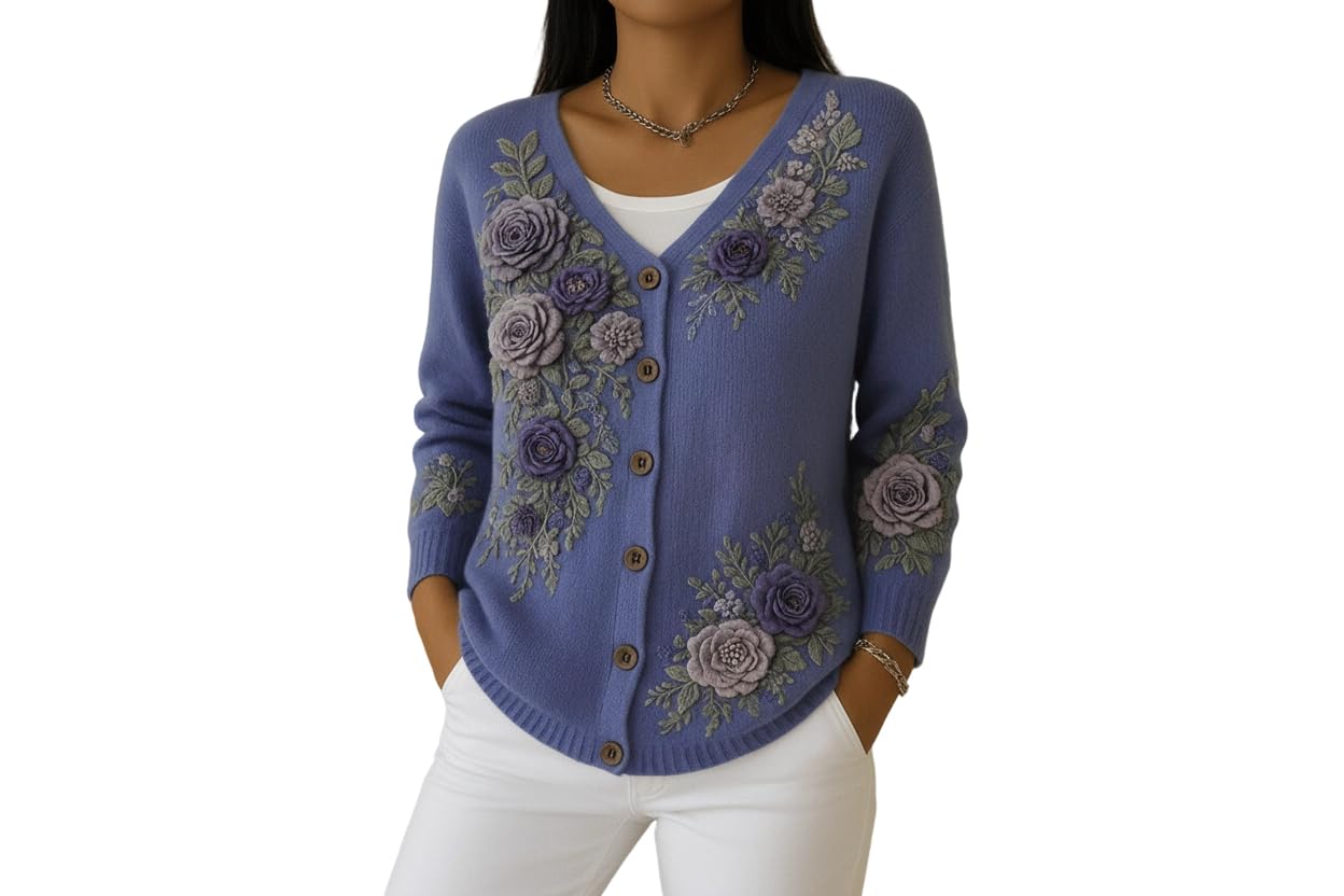 Womens Patchwork Floral Printed Long Sleeve Knit Cardigan Sweater Casual Loose Trendy Botton Down Sweaters
