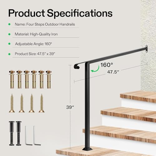 Image of VIVOSUN 4-Step Stair Handrail 48 inchx39 inch Wrought Iron with 1 Curved End Black | Sturdy wrought iron railing with 1 curved end for elderly & family; rustproof black; full hardware; for porch, deck, concrete