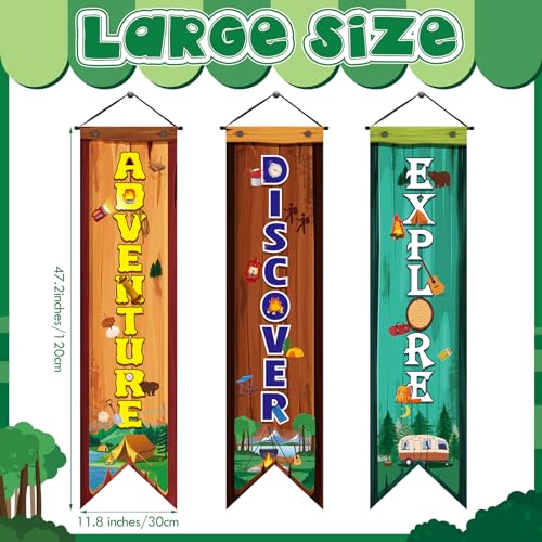 Image of Chiisong 3 Pcs Camping Banners Party Decorations Camping Porch Sign Camper Adventure Door Banners Wall Decor for Camper Adventure Theme Birthday Celebrating Baby Shower Classroom Decorations