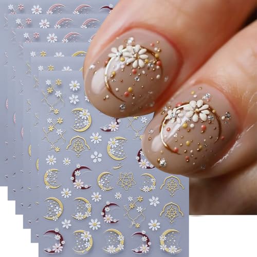 Flower Nail Art Stickers, Gold Flower Nail Decals 3D Self Adhesive with Pink White Moon Fragrant Daisy Design 6Pcs Spring Nail Decoration Supplies for Women Girls