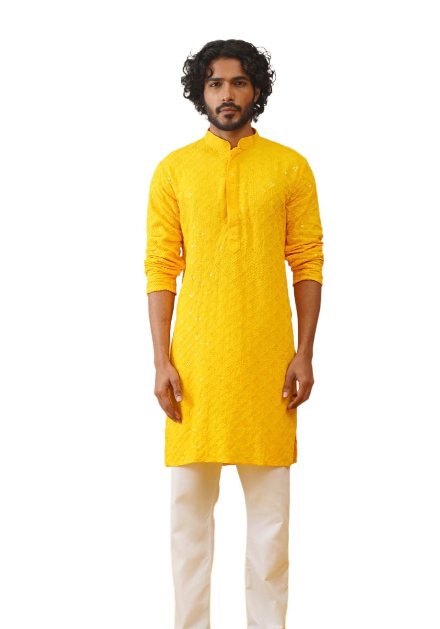 Jompers Men's Yellow Chikankari And Sequence Kurta With Pyjama. (Yellow, L)