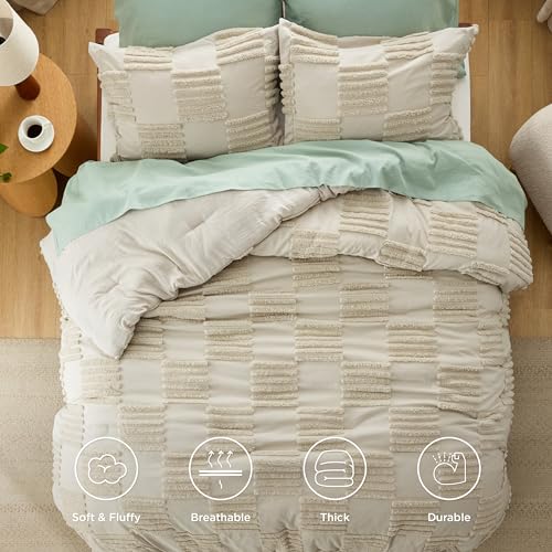 Image of Bedsure Full Size Comforter Set Linen, Boho Tufted Bed Set, Grande Checkered Farmhouse-Style Distressed Vintage Bedding, 3 Pieces, 1 Plaid Geometric Comforter and 2 Pillow Shams