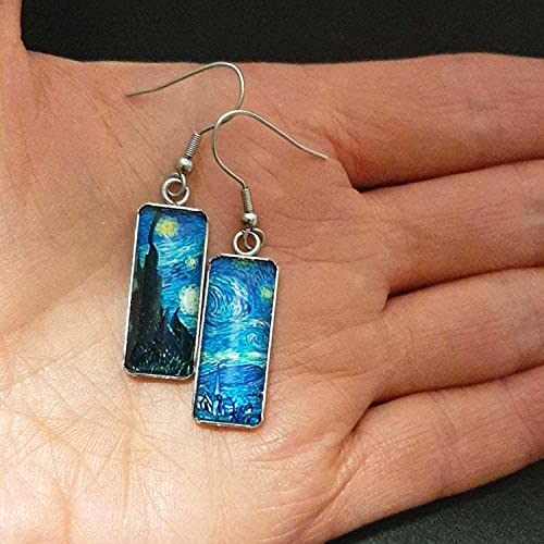Kafu Rectangle Van Gogh Painting Starry Sky Sunflower Drop Dangle Earrings Abstract Art Trendy Glass Earrings For Women Girls Charm Jewelry (Van Gogh Painting) #TOP5