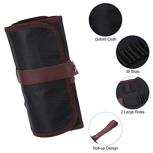 Image of PATIKIL Handmade 36 Slots Roll Up Pencil Case, Oxford Cloth Pencil Wrap Pouch Pen Holder Organizer for Artist Drawing Coloring Sketching, Brown /Black