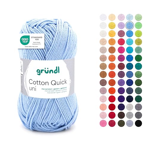 Gründl Laine Cotton Quick uni - laine fine pour crocheter - fil à tricoter – fil à crocheter – brillant et doux pour la peau – 100% coton – 1 pelote 50 g / 125 m – taille d’aiguille 3-4 - bleu ciel