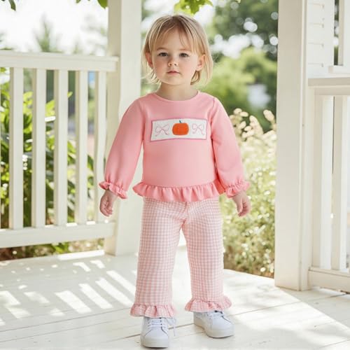 Toddler Girls Pumpkin Outfits Long Puff Sleeve Ruffle Tops and Gingham Pants Set 2Pcs Infant Baby Halloween Clothes2