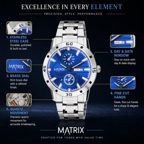 Image of Matrix Superior Analog Watch for Men | Black, Blue, Green & White Dial Stainless Steel Chain Strap Watch | Day & Date Display | Quartz Movement | Stylish Casual & Formal Wrist Watch for Boys & Men