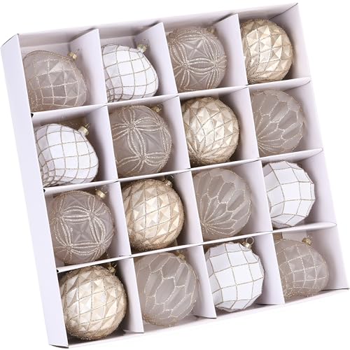 Sea Team クリスマス飾り クリスマスオーナメント ボール 16個豪華セット ボール セット 直径8cm 北欧風 おしゃれ 多彩 可愛 華奢 人気 キラキラ 飛散防止 フック付き 新年 家庭用 雰囲気が 装飾 (シャンパン＋ゴールド) - Sea Team - 商品画像