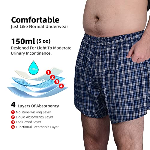 Tiichoo Incontinence Underwear For Men Washable Urinary Incontinence Boxer With Front Fly Regular Absorbency Mens Leak Proof Underwear 2 Pack(Medium, Blue Plaid) #TOP1