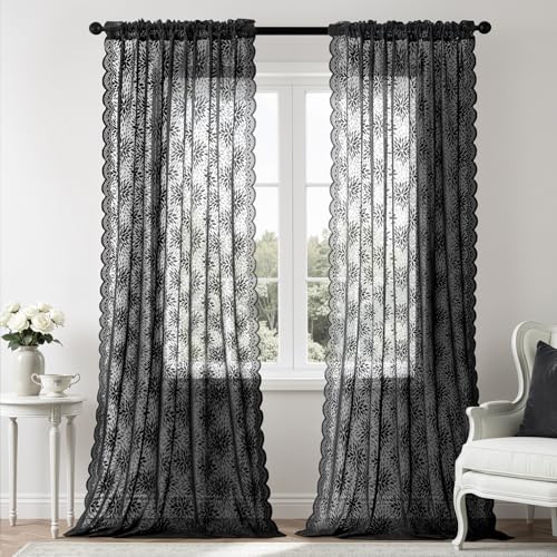 Image of MIULEE Black Lace Curtains 96 inches Long, Victorian Floral Semi Sheer Curtains Light Filtering Rod Pocket Panels Gothic Vintage Decor for Bedroom Living Room, 52 inch W x 96 inch L, 2 Panels