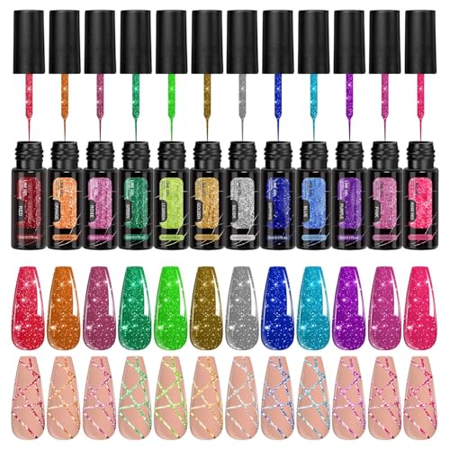 Syengery Esmalte De Uñas Gel Con Purpurina,Esmalte Decorativo en 12 Colores - Efecto Reflectante Para Uñas Uso En Casa Salón Fiestas Verano