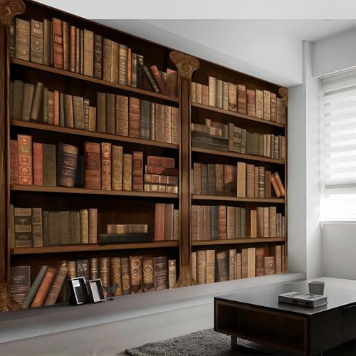 Papier peint intissé bibliothèque étagère salon vintage 3D - 3