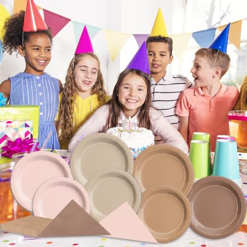 Image of CMUSKO Boho Baby Shower Decorations-150Pcs Gradient Brown Plates and Napkins Kit Serves 50,Neutral Boho Party Supplies for Bridal Shower,Wedding, Birthday