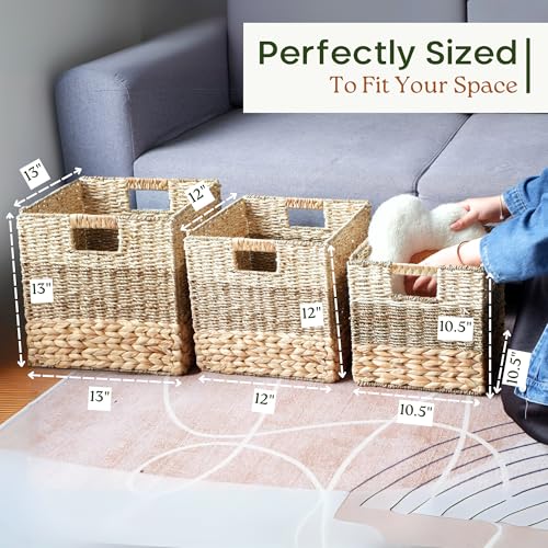 CHI AN HOME 12x12 Storage Cube Bins Wicker Storage Basket for Cube Shelf, Natural Foldable Square Baskets for Storage, Large Woven Cube Storage Bin with Handle, Baskets for Pantry, Bedroom Set of 4