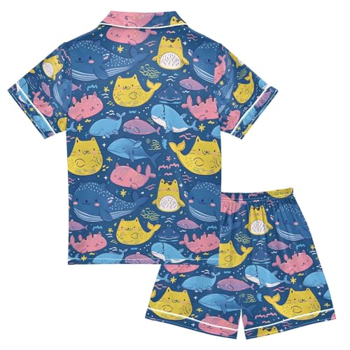 senya Cartoon Cute Fish Satin Summer Pajama Sets Silk Short Sleeve Button Down Sleepwear2