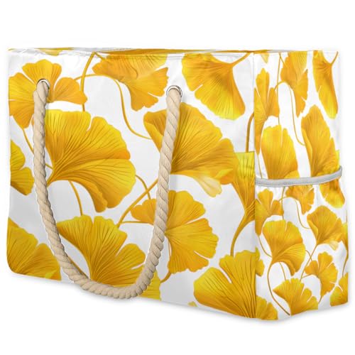 Ginkgos Leaf Gold Pattern Large Beach Bag Waterproof Beach Bag for Women Oversized Sandproof Beach Tote Bag with Zipper for Gym Travel Daily Pool Bag Big Tote