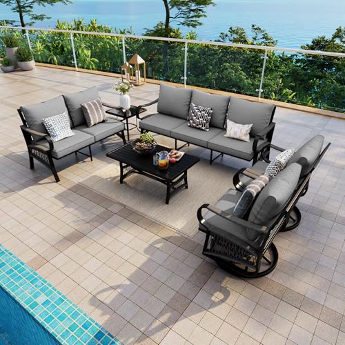 Image of 6 Pieces Patio Conversation Sets, All-Weather Metal Swivel Rocking Chairs with Rope Furniture Set, Outdoor Sofa Couch for Deck, Porch, Garden, Backyard, Poolside (Gray Cushions)