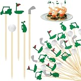 Aodaer 200 Pieces Golf Cocktail Picks For Appetizers 4.7 Inch Golf Themed Decorative End Fruit Toothpicks Skewers Bamboo Cocktail Picks For Sports Catered Events Buffet Party Supplies, Green
