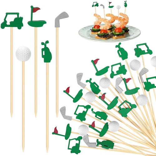 Aodaer 200 Pieces Golf Cocktail Picks for Appetizers 4.7 Inch Golf Themed Decorative End Fruit Toothpicks Skewers Bamboo Cocktail Picks for Sports Catered Events Buffet Party Supplies Green