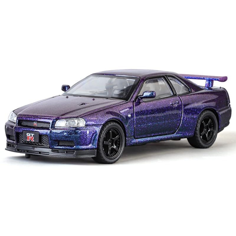 Image of Scale 1:32 Nissan Skyline GTR-R34 - Purple Alloy Diecast Pullback Metal Car Toy with Sound Light & Opening Doors - Great Gift Toy for Kids