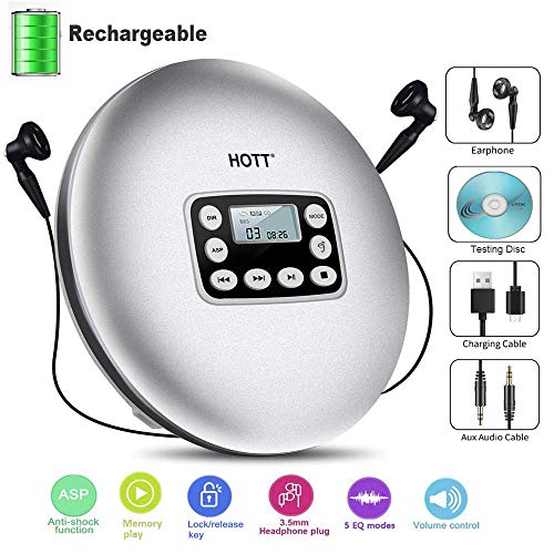 HOTT Rechargeable Portable CD Player, Personal Compact Disc Player with Stereo Earbuds/LCD Display/Anti-Skip