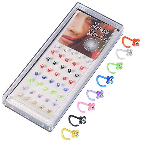 BodyJ4You 40 Pieces Nose Screw Rings Flower Flexible 20G (0.8mm) Lot Crystal in Case Mix Colors
