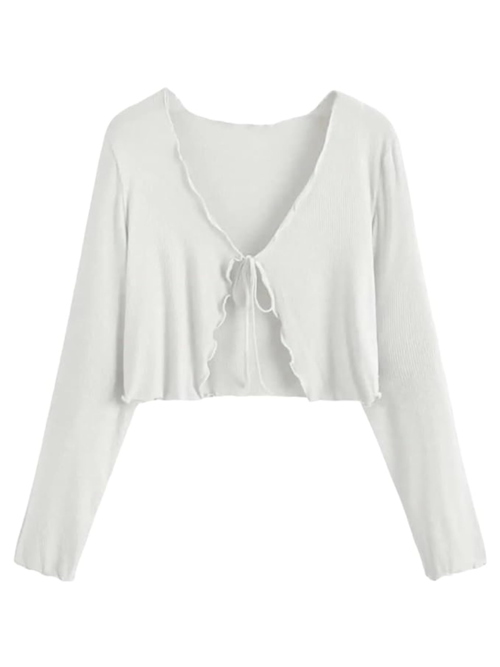Women’s Cropped Tie-Front Shrug Cardigan | Soft Ribbed Knit Long Sleeve V-Neck Top | Stylish Summer Cardigan, Casual Beach & Vacation Wear | Shrug for Woman-image-9