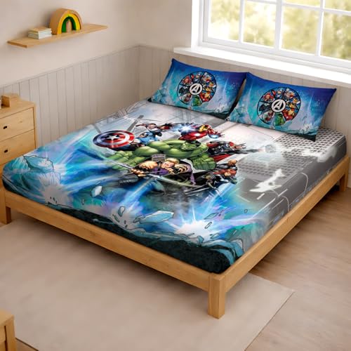 Image of Sassoon Marvel Avengers (Blue) Digital Printed 100% Cotton Bedsheet with 2 Pillow Covers in 300TC