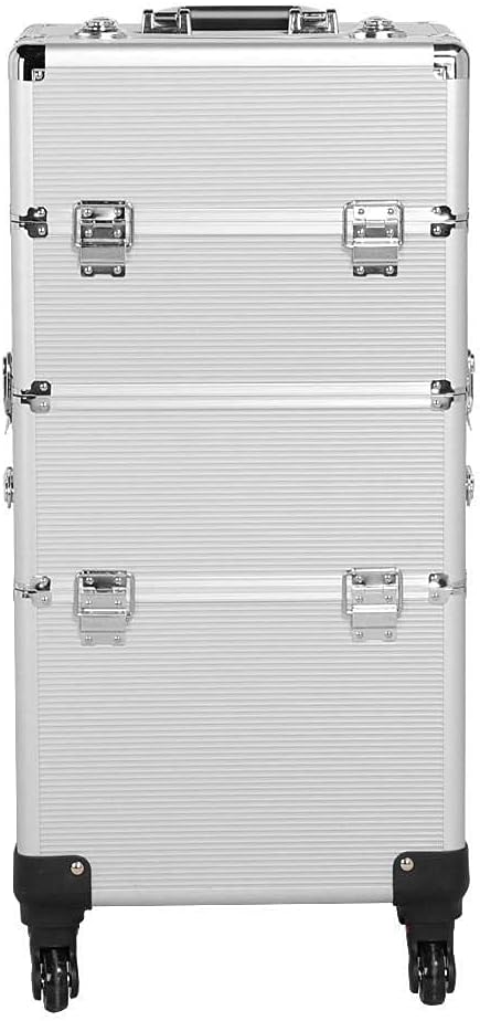 4 in 1 Make Up Trolley Bag Aluminum Cosmetic Makeup Organizer Train Cases Portable Cosmetic Cases Trolley with 4 Removable Travel Wheels - Silver