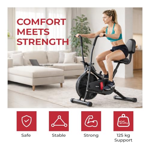 Image of Lifelong Air Bike Exercise Cycle for Home Gym | Dual Action Stationary Cardio Bike for Full Body Workout| Adjustable Cushioned Seat with Backrest |Moving Handles & Anti-Skid Pedals |Max User Weight 125 kg