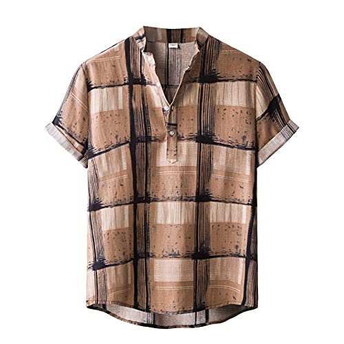 Jinjiums mens Shirts Mens Beach Blouse Short Sleeve Shirts Summer Cotton Linen Button-Down Blouse Tops Casual T Shirts Tees Tops (Khaki 1, XL)