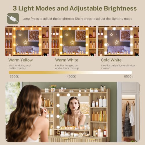 Image of FIONESO Fluted Vanity Desk with Mirror and Lights, Power Outlet, Makeup Vanity with 9 Drawers & 6 Open Storage Shelves, 3 Lighting Modes Brightness Adjustable, Natural Oak