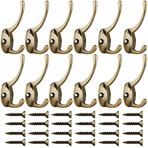 12 Pack Antique Brass Coat Hooks Wall Mounted With 24 Screws Retro Double Hooks Utility Antique Brass Hooks For Coat, Scarf, Bag, Towel, Key, Cap, Cup, Hat #TOP1