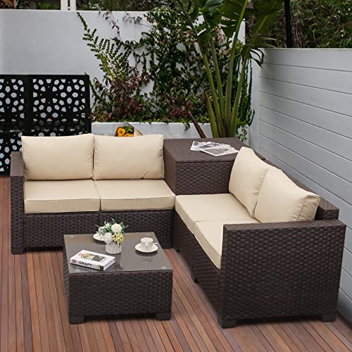 Patio Pe Wicker Furniture Set 4 Pieces Outdoor Brown Rattan Sectional Conversation Sofa Chair With Storage Box Table And Khaki Cushions #TOP1