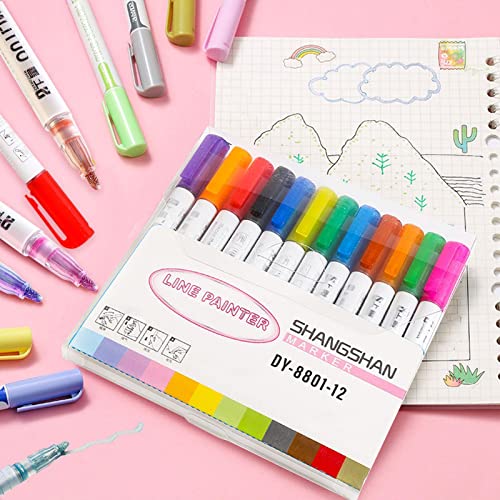 Marcador de contorno metálico, 12 Cores Conjunto de Marcadores de Auto Contorno de Linha Dupla, Cane