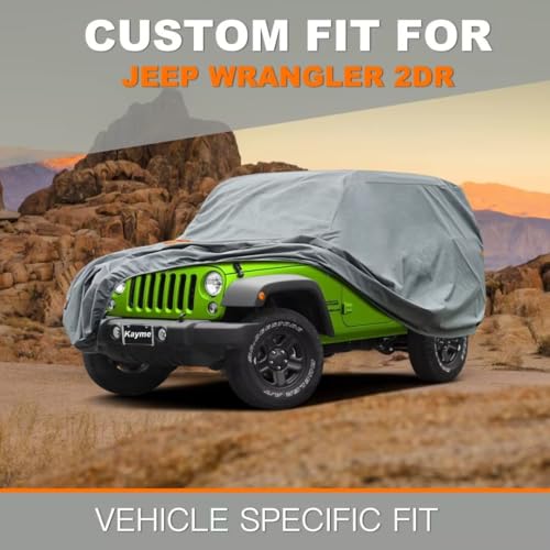 Image of Kayme Heavy Duty Jeep 2dr Car Cover, Custom Fit Jeep Wrangler 2 Door CJ YJ JK JL Waterproof All Weather for Automobiles, Full Car Cover - Sun, Rain & UV Protection