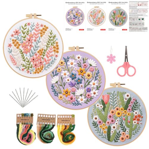 Image of Konrisa Blossoms Embroidery Kit for Adults Beginners, Floral Stamped Embroidery Starter Kit DIY Sewing Practice, Needlepoint Cross Stitch Set of 3