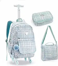 Kit Mochila De Rodinhas 360° Escolar Xadrez, Com Rodas Giratórias, Alça Telescópica, 3 Peças, Para Estudantes Juvenil Feminino