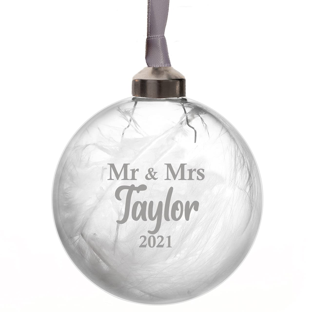 Personalised Mr and Mrs Glass Bauble Filled with White Feathers available in 10 Colours Mr and Mr or Mrs and Mrs (Silver)